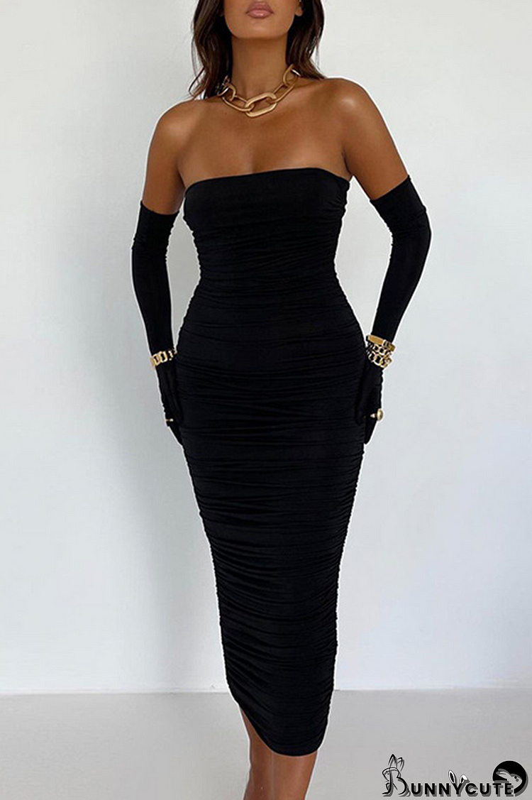 Black Sexy Solid Fold Strapless Pencil Skirt Dresses