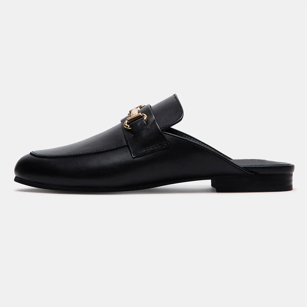 Black Slip-On Round Toe Flat Loafer Shoes Women with Buckle Accent
