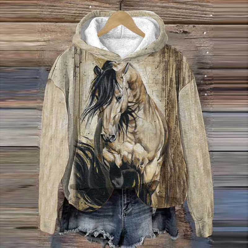  Women's Horse Print Casual Long Sleeve Hooded Sweatshirt Westsshops
