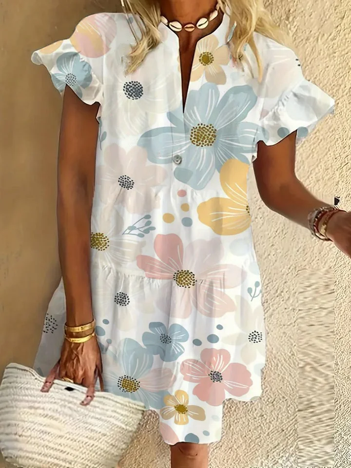 Flower ruffle short-sleeved V-neck button dress holiday beach dress