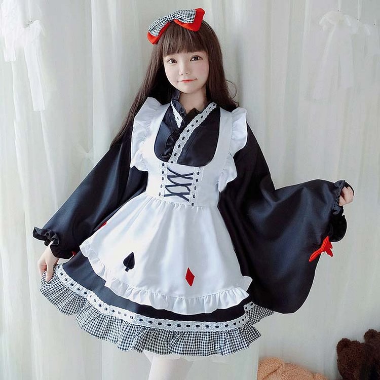Lattice Bow-Knot Japanese Maid Witch Top Skirt Two Pieces Set - Modakawa