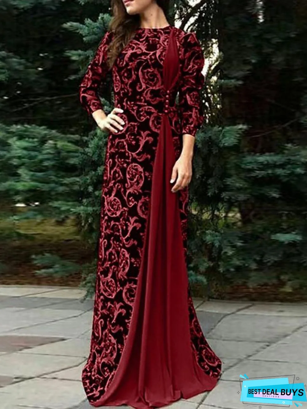 Women's Maxi Long Dress - 3/4 Length Sleeve Paisley Patchwork Print Fall Winter Plus Size Hot Elegant Black Blue Red Brown