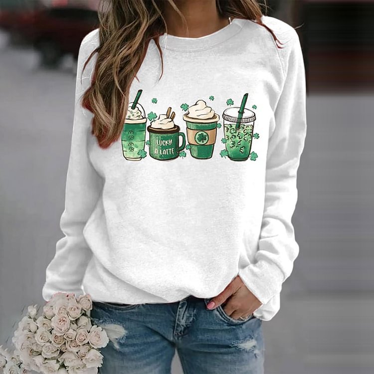 Comstylish St. Patrick's Coffee Shamrock Print Sweatshirt