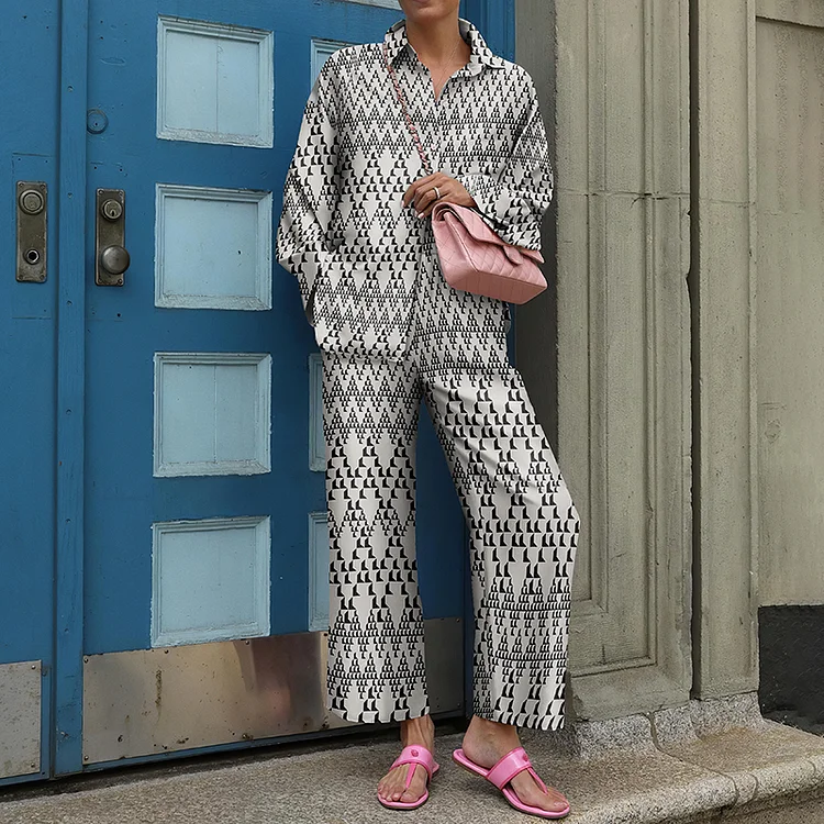 Stylish Loose Wavy Geometric Print Two Piece Set