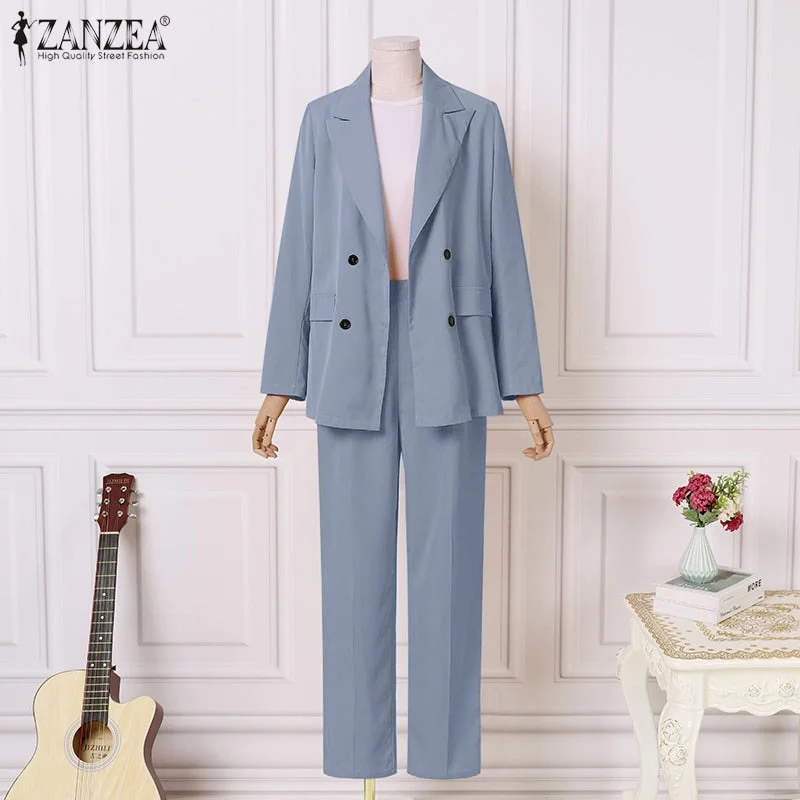 Fashion Women's Business Sets 2022 Summer OL Long Sleeve Shirts and High Waist Pants ZANZEA Casual Solid Oversized Sreetwear