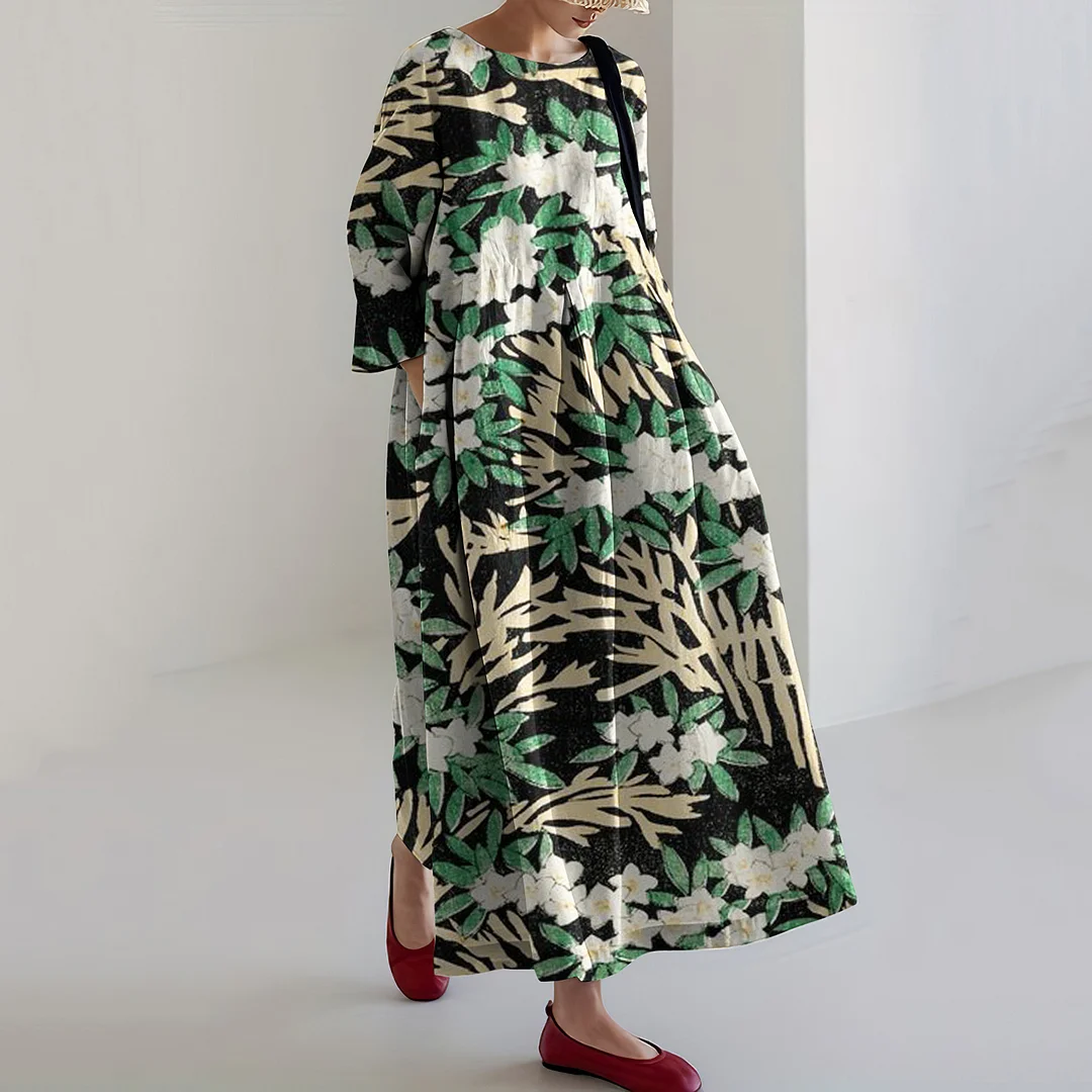 Japanese Art Flower Print Round Neck Loose Midi Dress