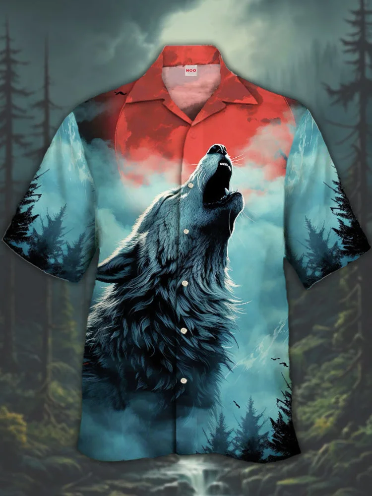 Eye-Catching Stunning Style Blood Moon And Howling Wolf Printing Cuban Collar Hawaiian Short Sleeve Shirt BestDVibe