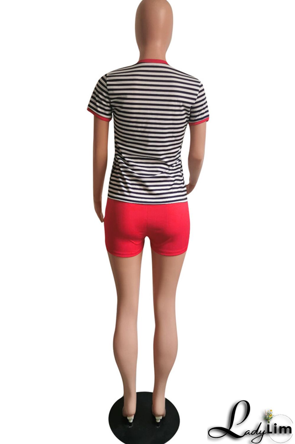 Fluorescent Green Fashion Casual Striped Print Patchwork O Neck Short Sleeve Two Pieces