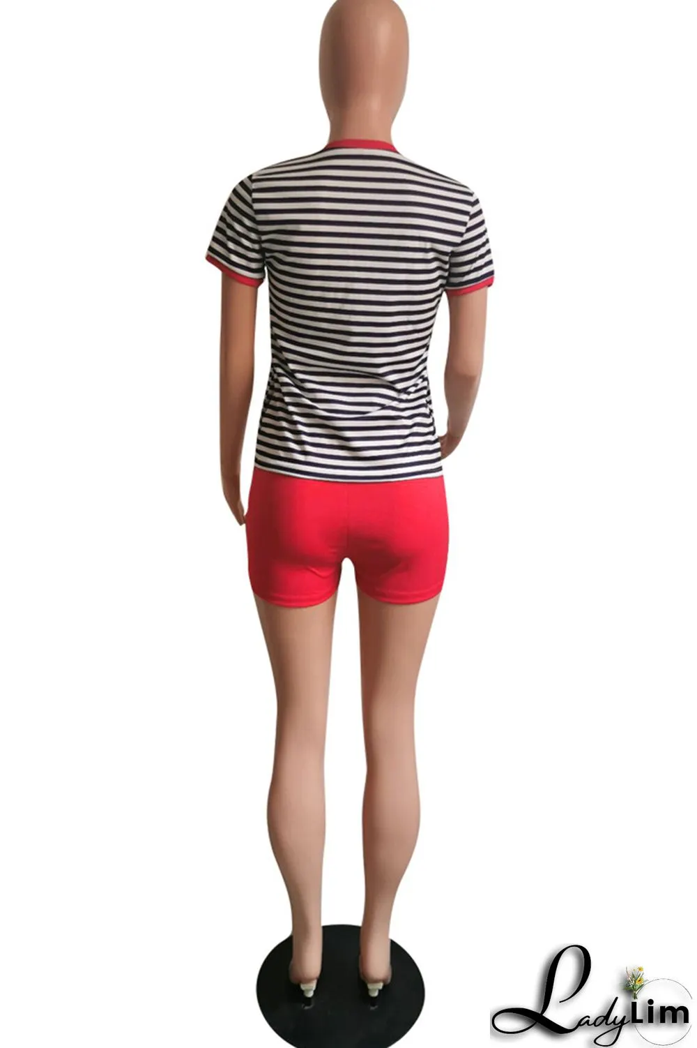 Fluorescent Green Fashion Casual Striped Print Patchwork O Neck Short Sleeve Two Pieces
