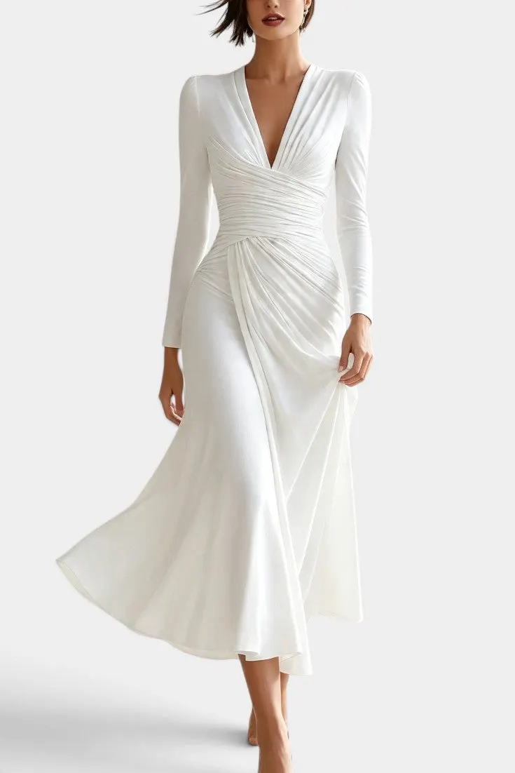 Elegant Draped V-Neck Long Sleeve Midi Dress