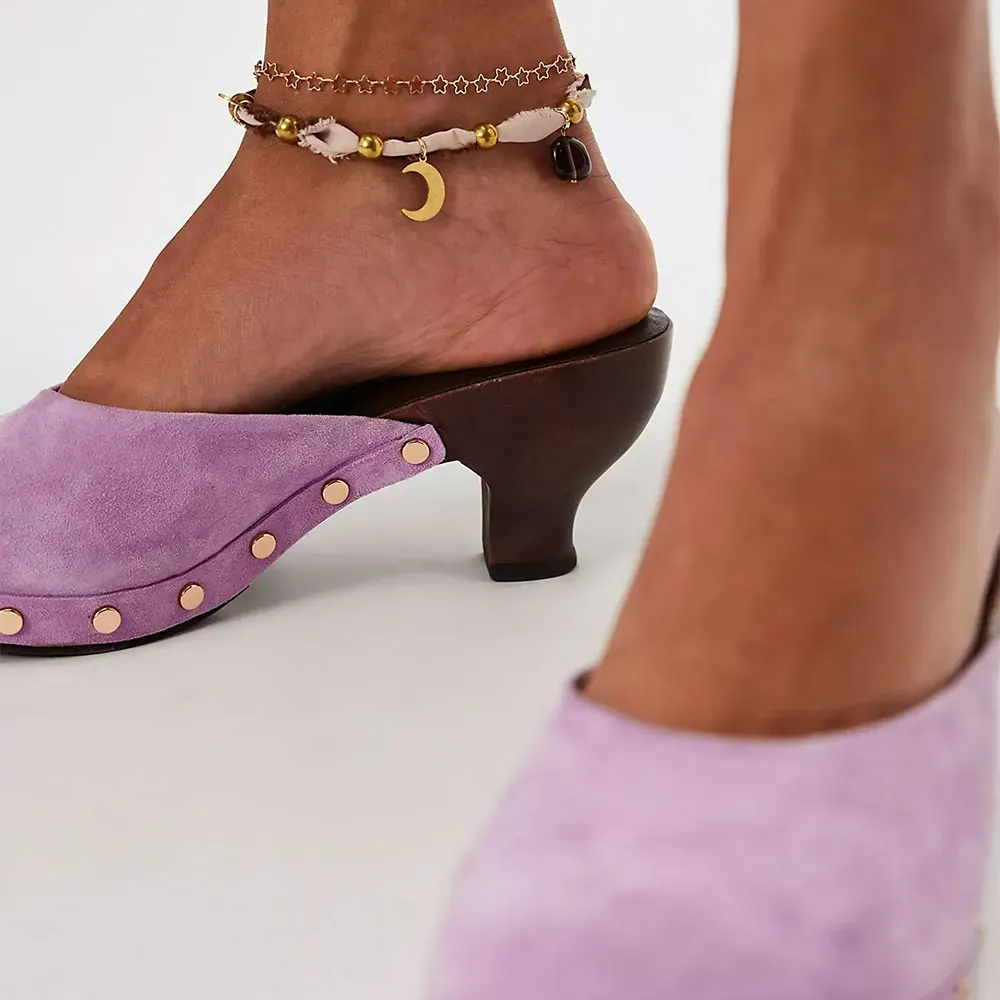 Light Purple Studded Round Toe Slip-On Sculptural Heel Mules for Women
