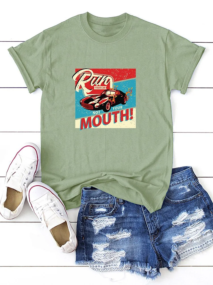 Bestdealfriday Run Mouth Print Simple Round Neck Cotton T-Shirt