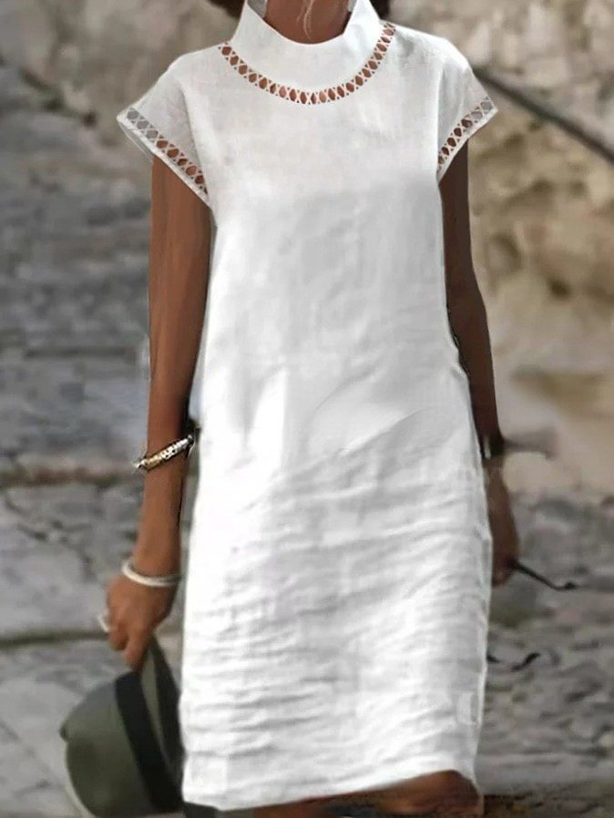 Solid Women's Short Sleeve Cotton Hemp Casual Dress