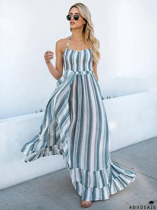 Striped Backless Full-Length Gown Blue with Design