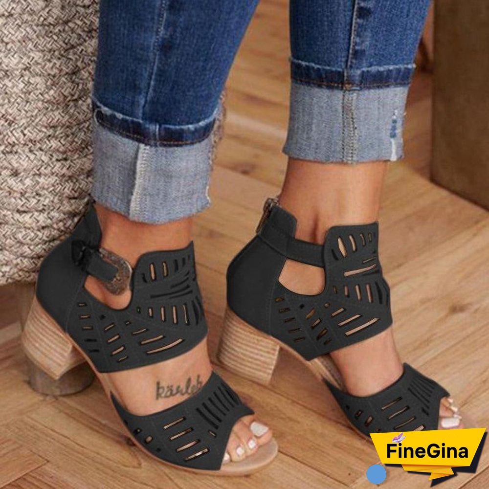 Women's Solid Color Hollow Chunky Heel High Heel Sandals