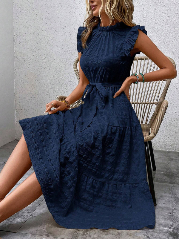 Mature Women New Fashion Ruffled Flying Sleeve Lace-up Textured Summer Dress