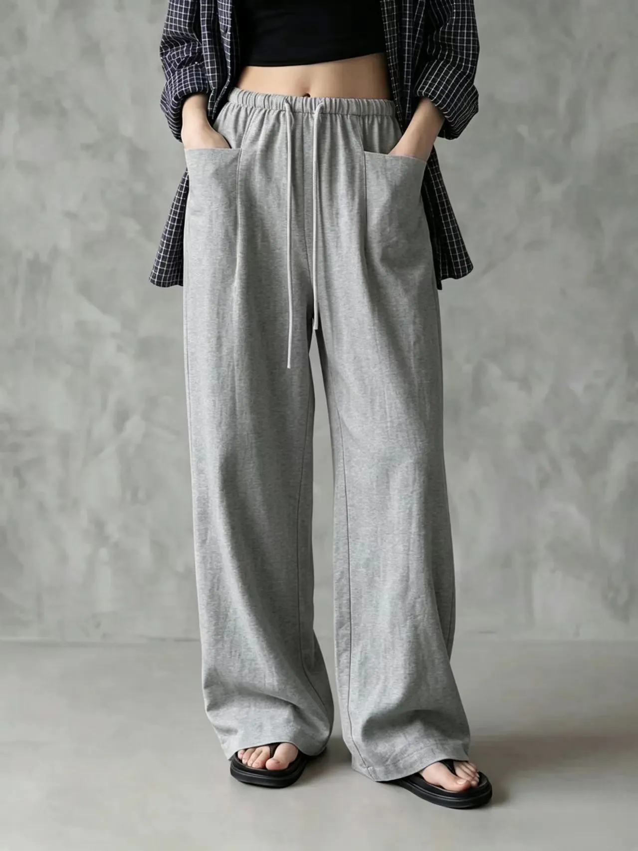 Women Elastic Waist Drawstring Wide Leg Pants