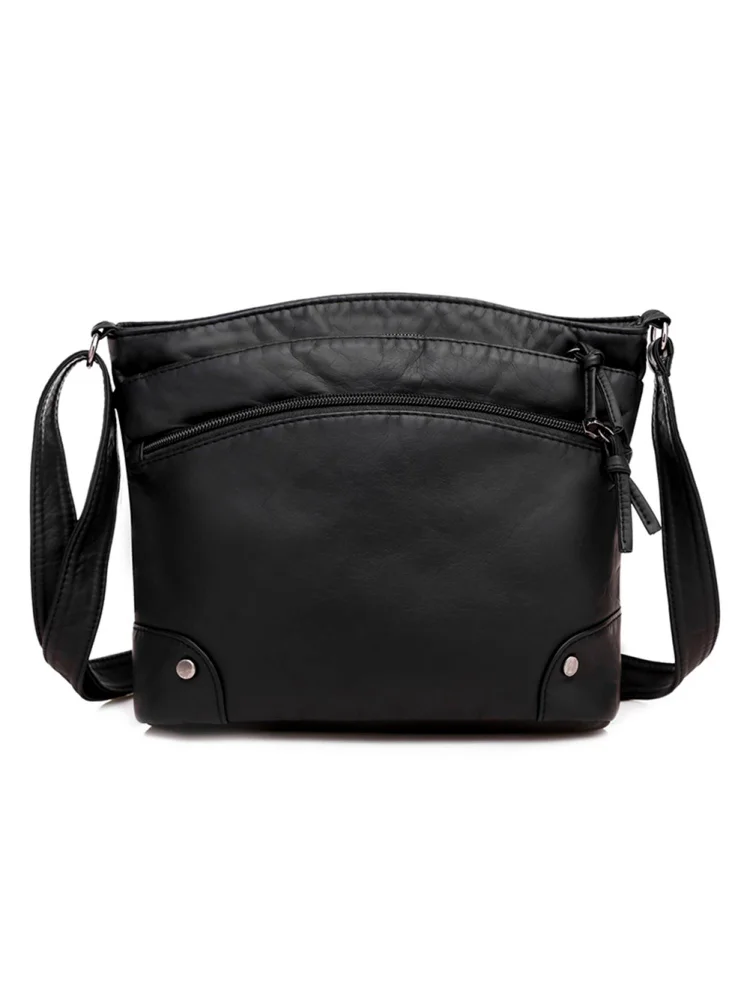 Solid Soft PU Women Messenger Bag Multi-Pocket Shoulder Handbag (Black)