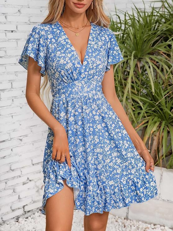 Mature Women Summer V-neck Waist-tight Large Flower Ruffled Plant Flower Dress