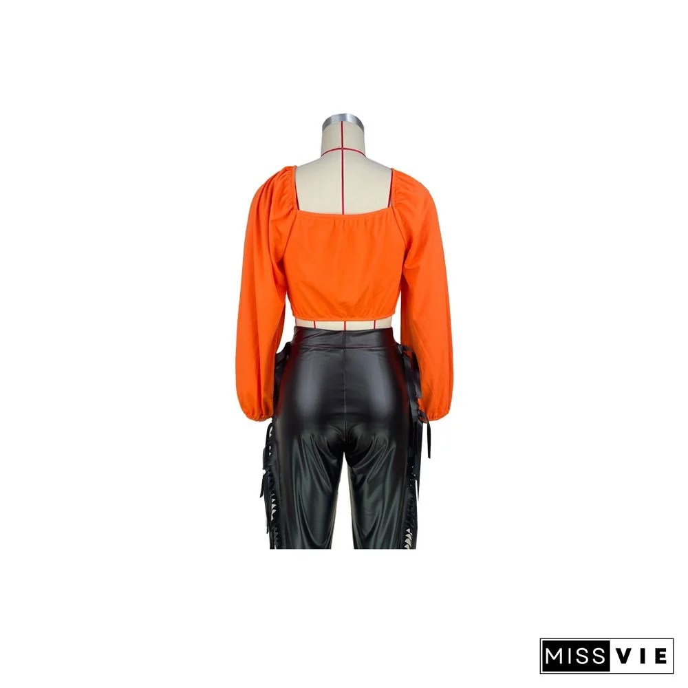 Solid Puff Long Sleeve Lace Up Shirts Crop Tops