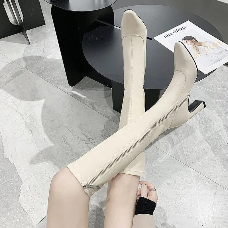 comemore Women New Pointed Toe High Heels Long Boots Winter Warm Short Plush Knee-high Booties Side Zipper Leather shoes Female