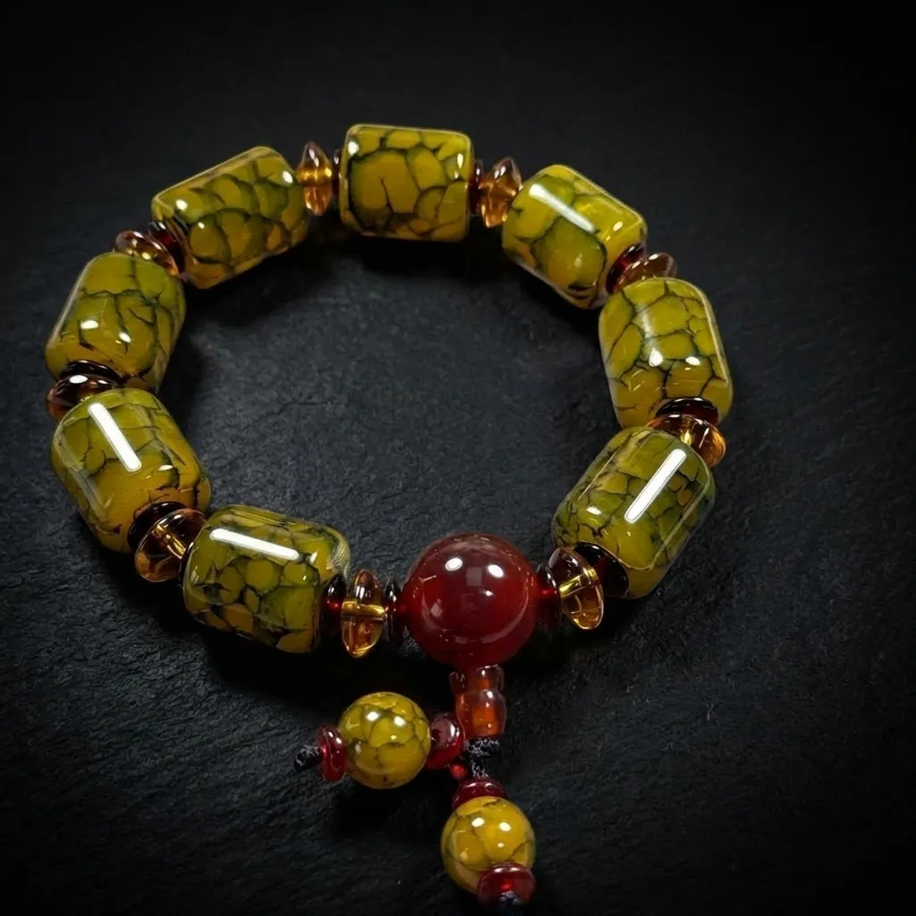 JiStones | Dragon Vein Agate Barrel Bead Bracelet - A Fusion of Ancient Strength and Modern Elegance Imperial Yellow Dragon Vein