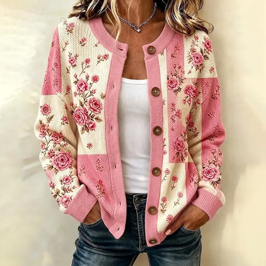 Comstylish Women's Breast Cancer Awareness Month Patchwork Floral Print Casual Cardigan