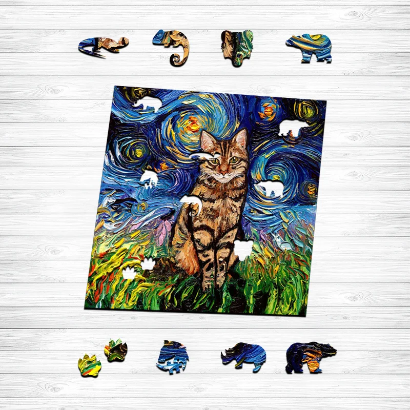 Jeffpuzzle™-JEFFPUZZLE™ Van Gogh Starry Sky - Ocelot Cat Wooden Puzzle