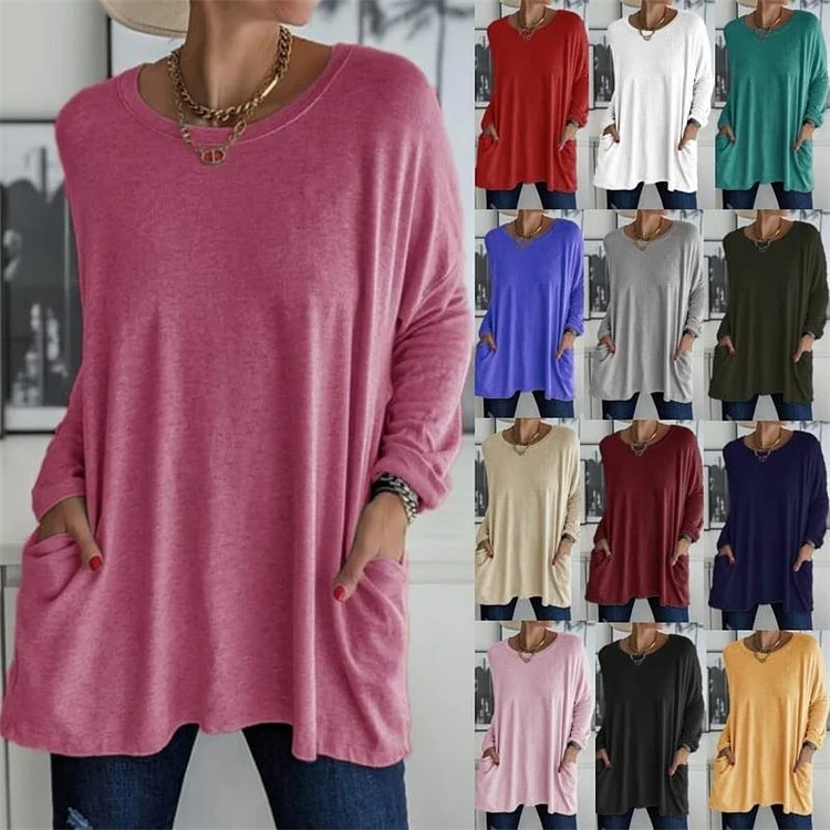 Round Neck Long Sleeve Loose Pocket Solid T-Shirt