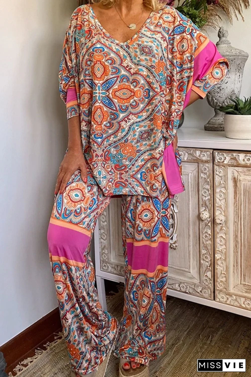 Vintage Ethnic Print V-Neck Two Pieces Sets