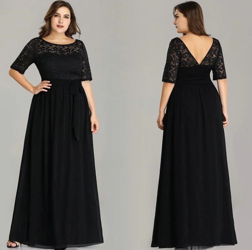 Gorgeous Half Sleeve Lace Long Chiffon Plus Size Evening Gowns Online - lulusllly