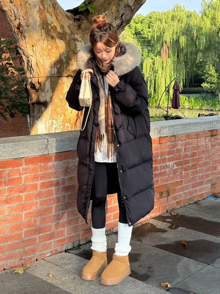 Toloer Pinghu Down Jacket Female Winter 2024 New Advanced Sense Sweet White Duck Velvet Ox Horn Buckle Thick Warm Long Coat-Outfit Ideas