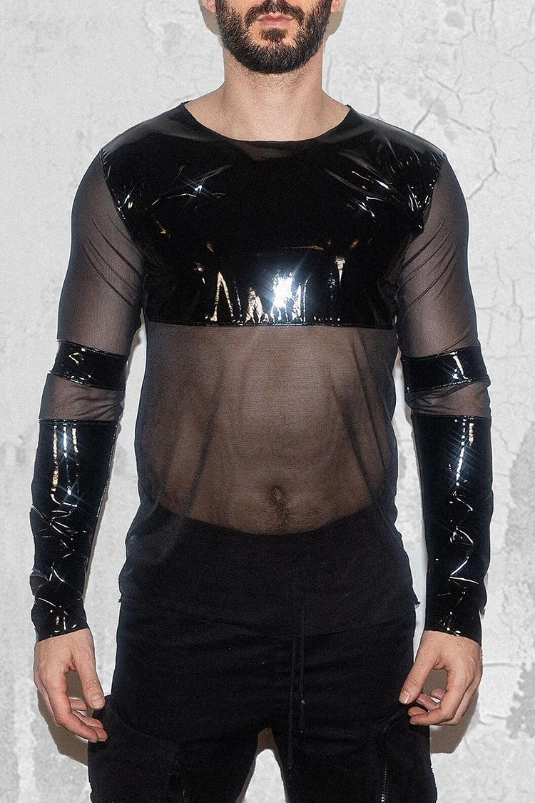 Glossy PU Leather Mesh Patchwork Long Sleeve Top [Pre-Order]