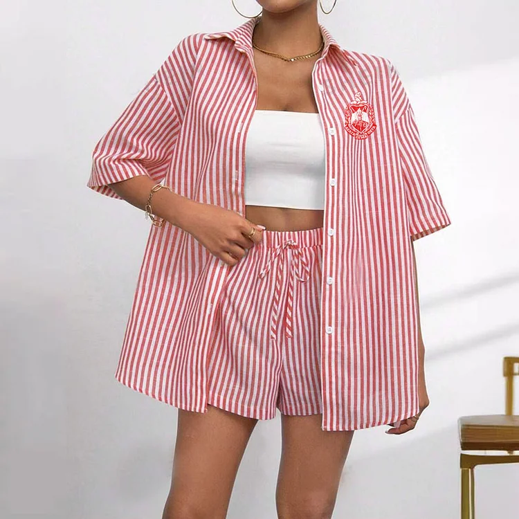 Striped Print Button-Down Shirt and Shorts Set