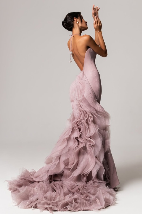 Lussooy Chic Halter Sleeveless Beaded Backless Mermaid Prom Dress with Ruffles 