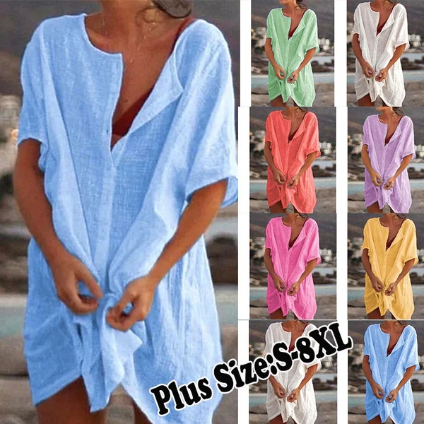 Large Size 8XL Cotton Women's Mini Dress White Oversize Casual Beach Dresses Female Summer Fashion Loose Shirt Cover-up Linen Dress Loose Blouses