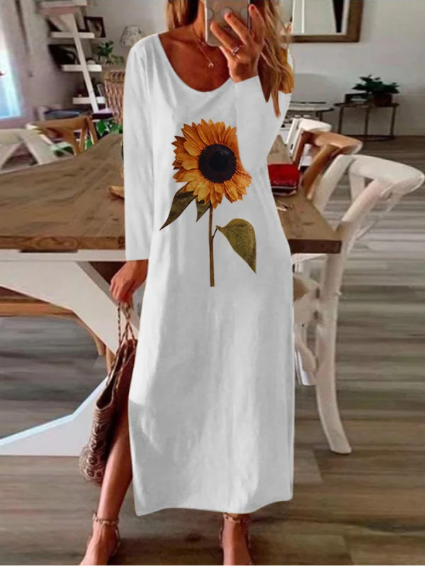 Sunflower Plant Printed Side Slit Long Sleeve Dress