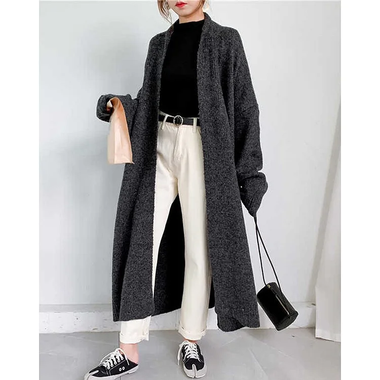 Elegant Loose Solid Color V-Neck Long Sleeve Thick Knitted Cardigan
