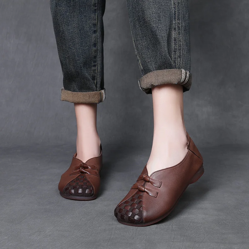 Yyvonne Layer Of Cowhite Retro National Style Single Shoes Women 2025 Spring New Flat Soft Sole Comfortable One-Footed Mother Shoes