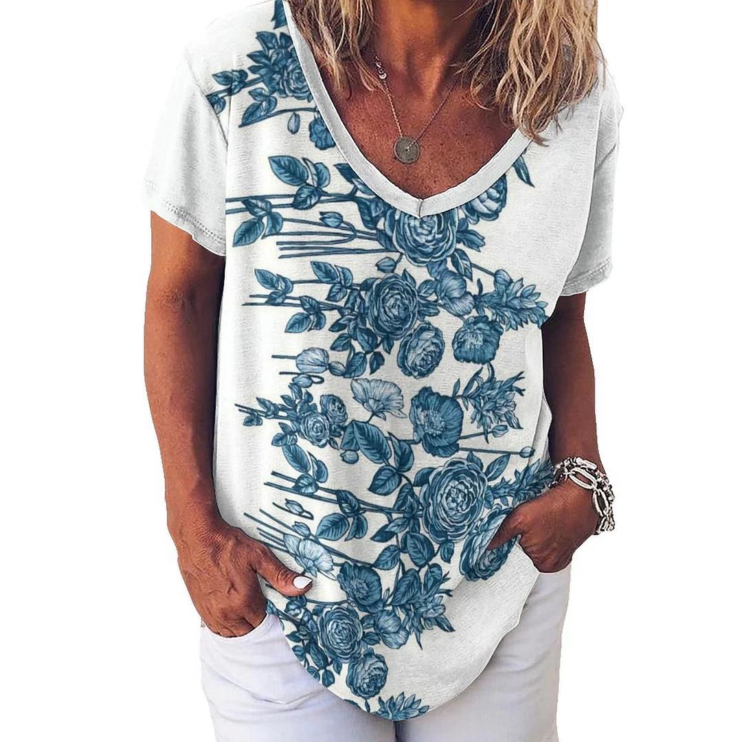 V-neck Short Sleeve Casual T-shirt for  Women Printed with Pattern Floral, Blue