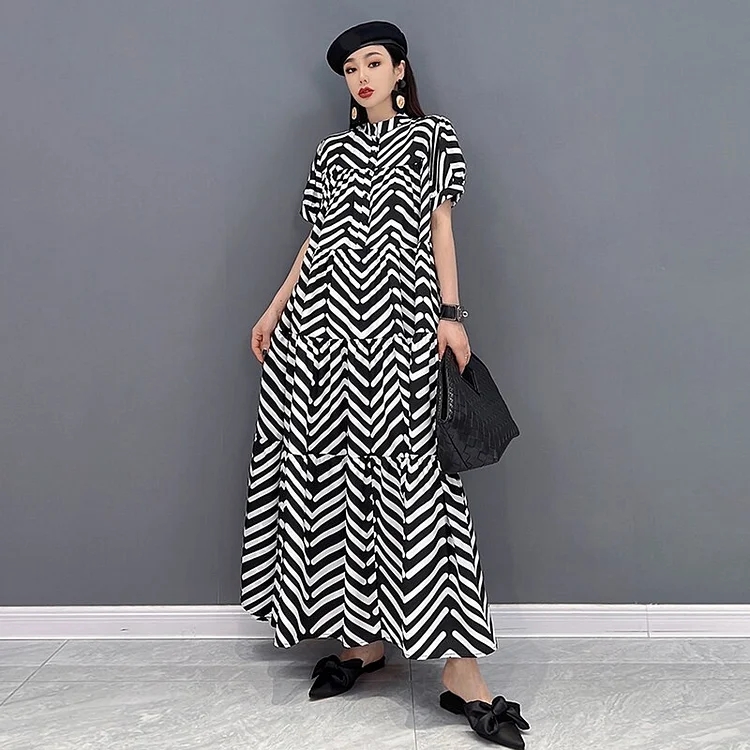 Fashion Loose Half Stand Collar Striped Short Sleeve Ankle-length Dress      