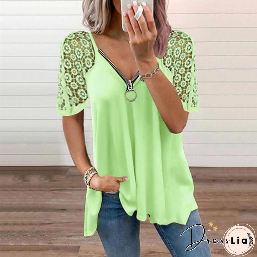 Summer Womens Lace Stitching Short Sleeve Tops Solid Color Loose T-Shirt Fashion Casual