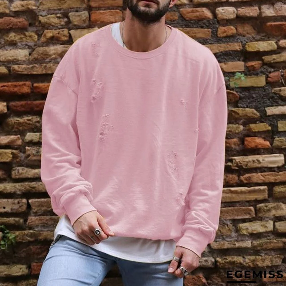 Men Fashion Hole Decorate Casual Loose Hoodies Pure Color Long Sleeve O Neck Sweatshirts Streetwear Tracksuits | EGEMISS