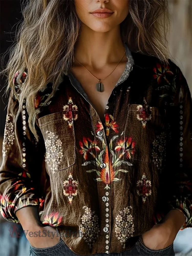 Womens Vintage Ethnic Flower Print Casual Long Sleeve Comfortable Cotton Shirt