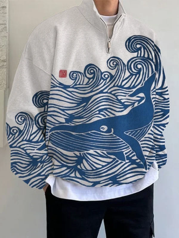 Men's Giant Whale Japanese Lino Art Cadet Collar Sweatshirt