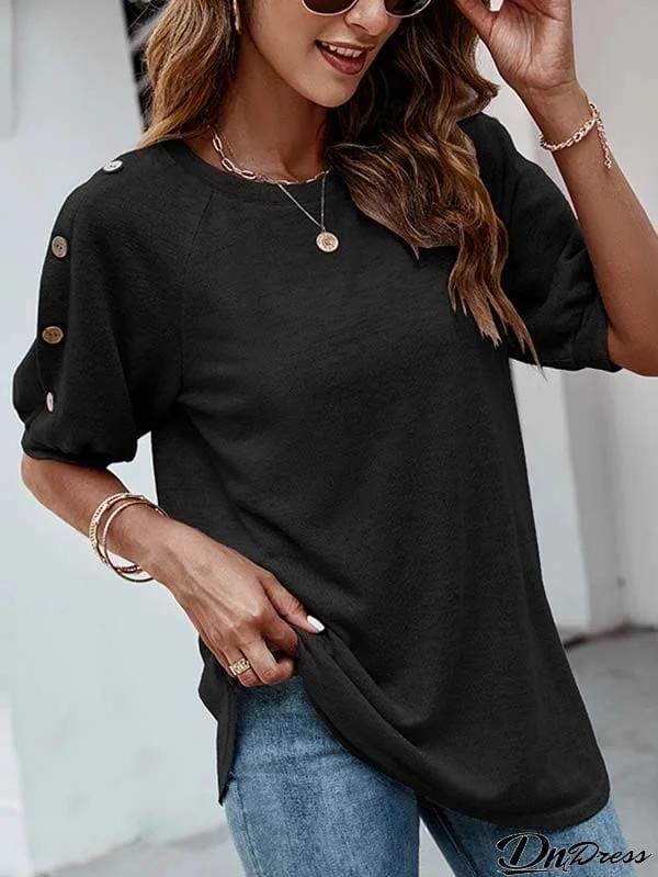 Casual Half Sleeves Loose Solid Color Round-Neck T-Shirts Tops