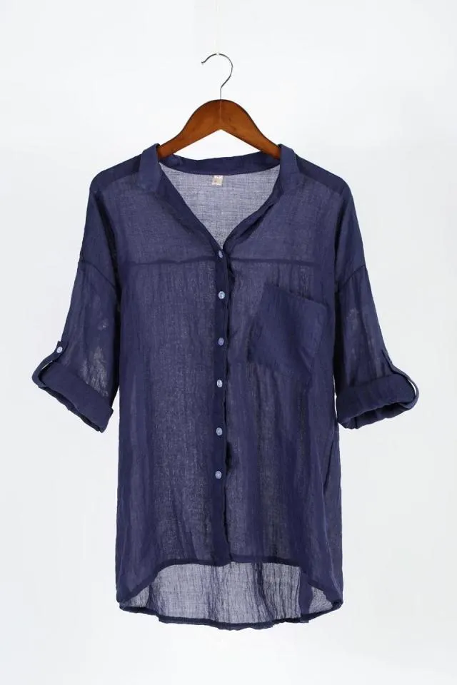 Brownm Fresh Loose Cotton Linen Three-quarter Temperament Commute Sleeve Collar Women's Shirt