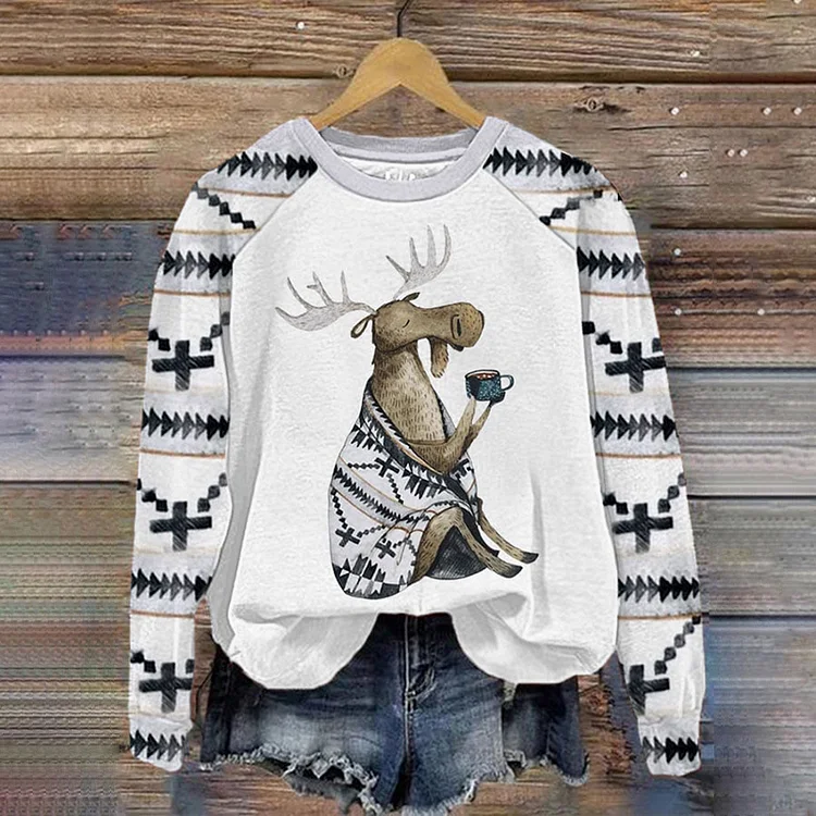 VChics Western Cute Baby Moose Print Casual Sweatshirt