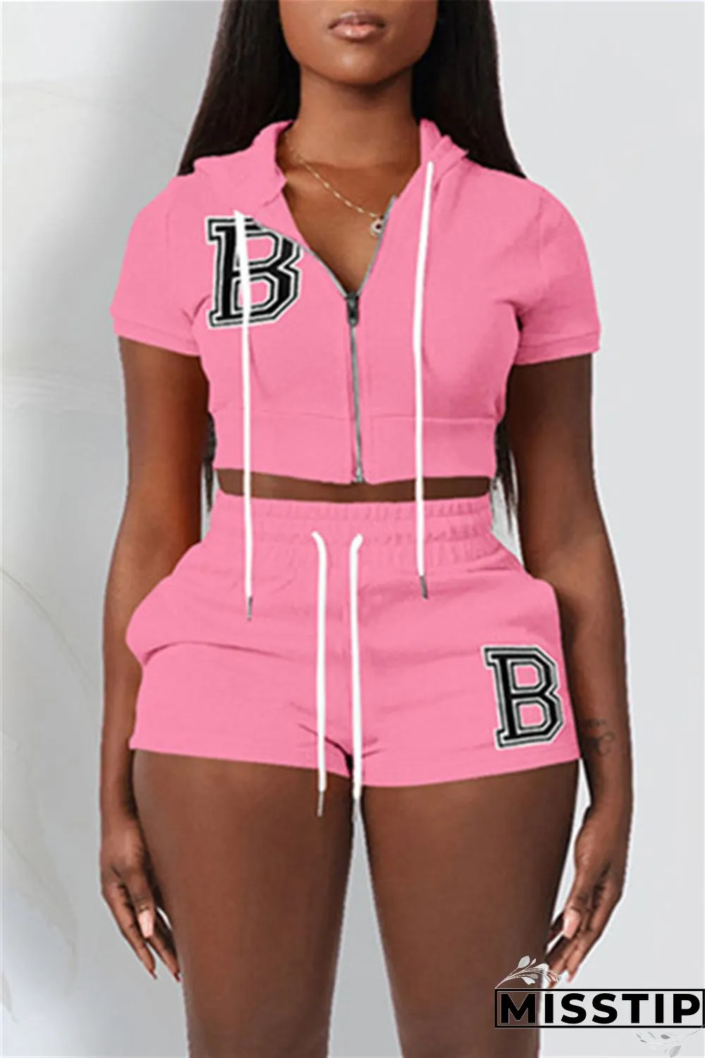 Red Fashion Casual Letter Solid Embroidered Hooded Collar Short Sleeve Two Pieces