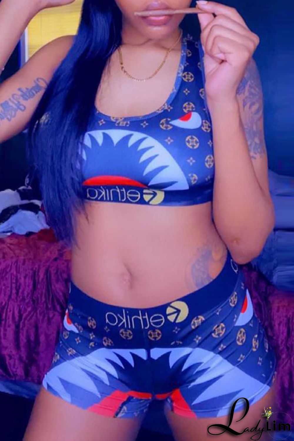 Black Sexy Casual Print Backless U Neck Sleeveless Two Pieces